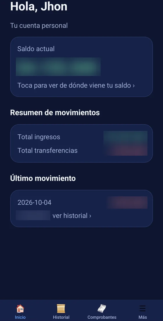 Pantalla de inicio de AppFamiliar con resumen de movimientos